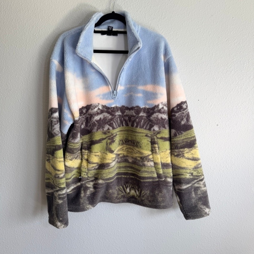 Forever 21 Mens Landscape Mountain Graphic Sherpa Fleece Quarter Zip Pullover L